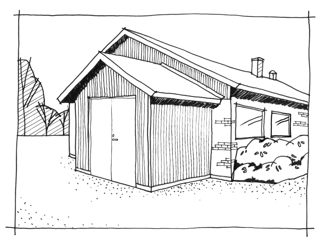 Illustration på förråd sammanbyggt med gaveln på en villa