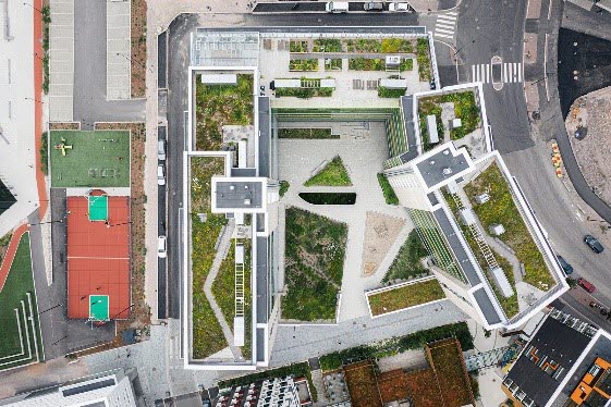 Flygfoto som visar en byggnads olika gröna tak där olika planteringar finns.