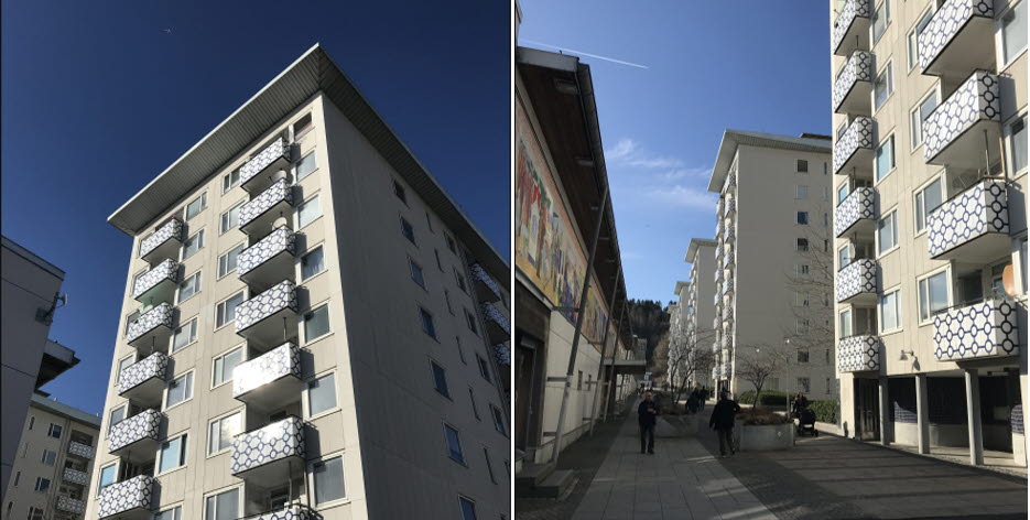 Foto visar två sidor av ett flerbostadshus.