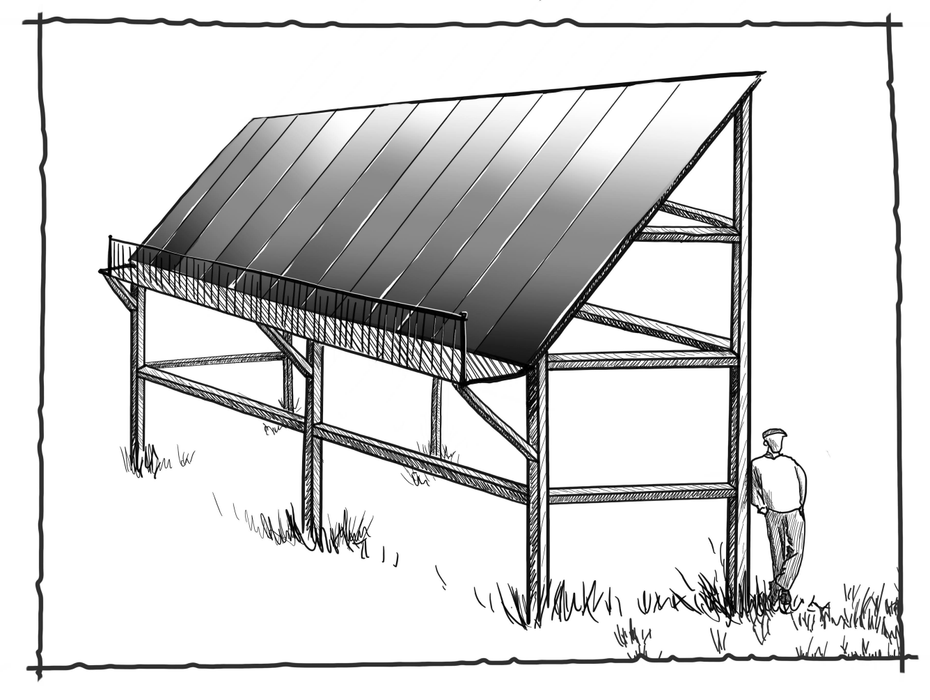 Illustration av solenergianläggning på stativ, placerad på marken.