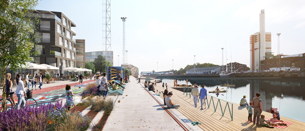 Kajpromenaden i den nya stadsdelen. Illustration: Koolkajen, Nyréns Arkitektkontor AB