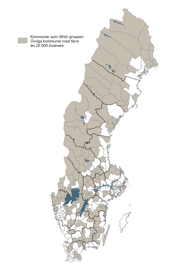 Karta över Sveriges kommuner som tillhör gruppen ”övriga kommuner med färre än 25 000 invånare".