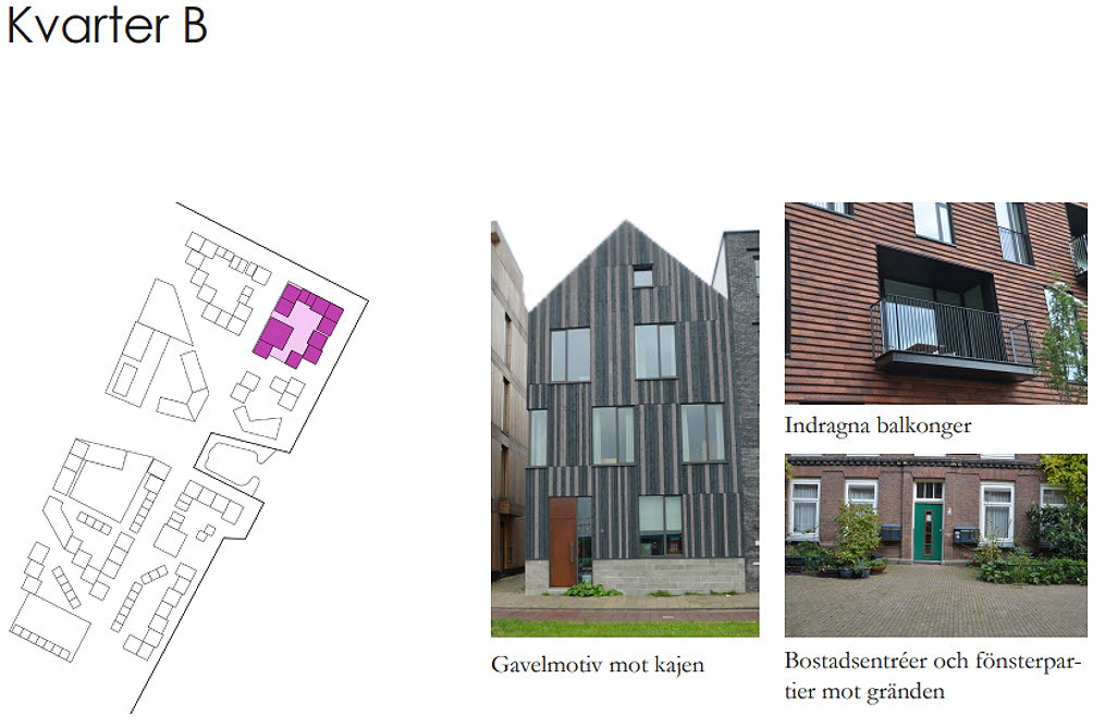Planskiss och tre detaljbilder som visar hur Kvarter B ser ut.