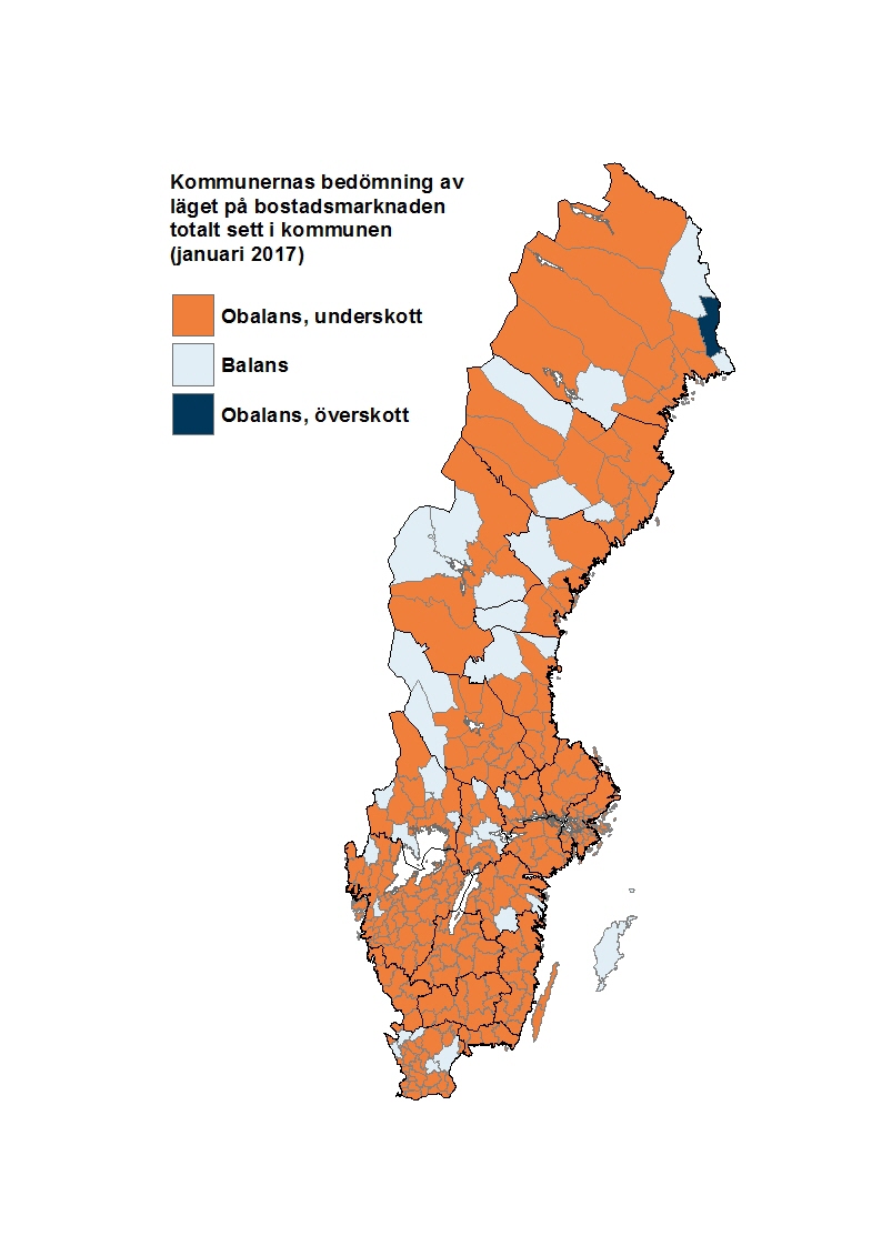 Karta som visar vilka kommuner som har uppgett underskott, balans eller överskott på bostäder.