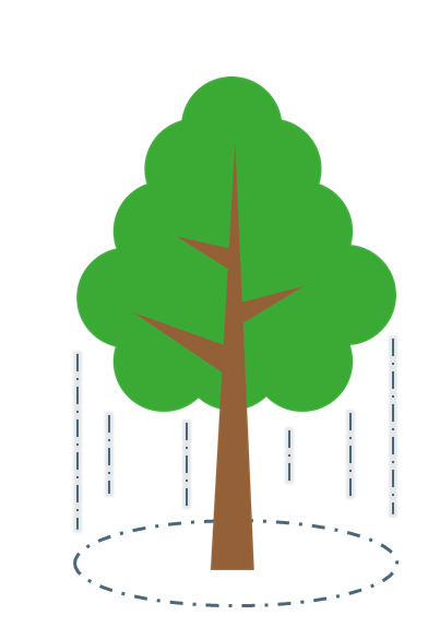Träd med linjer som visar droppzon från kronan.