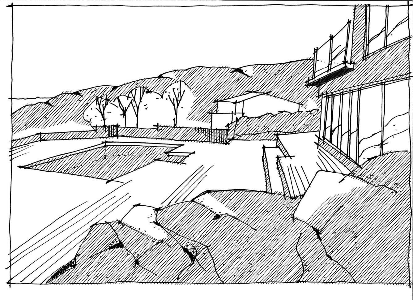 Illustration av en altan med nedsänkt pool