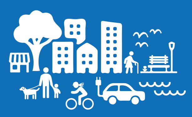 Symbol: stad med olika typer av hus och byggnader, bilar människor, djur, träd, vatten och busshållplats.