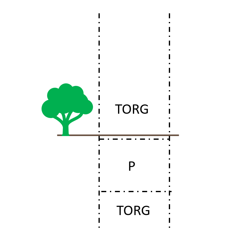 Ett horisontellt streck med ett träd illustrerar markytan. Punktstreckade linjer illustrerar markytor för torg och P.