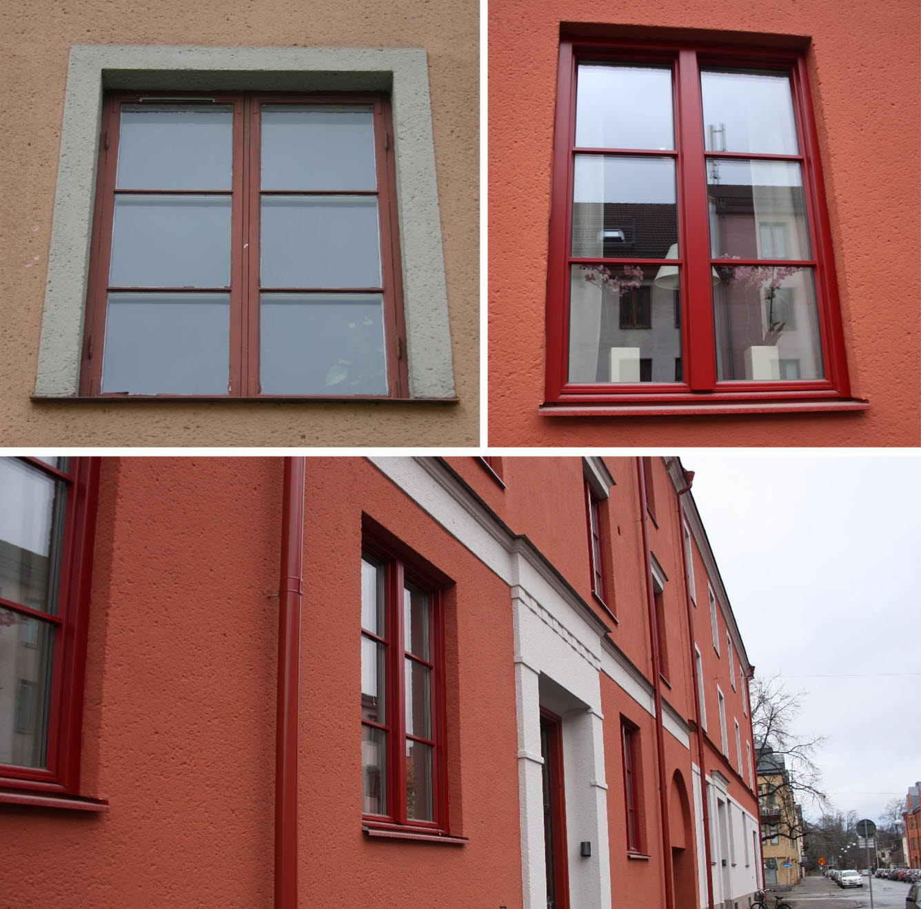 Tre foton som visar hur fönster och fasad såg ut före och efter förändringen. Mer information i brödtexten.