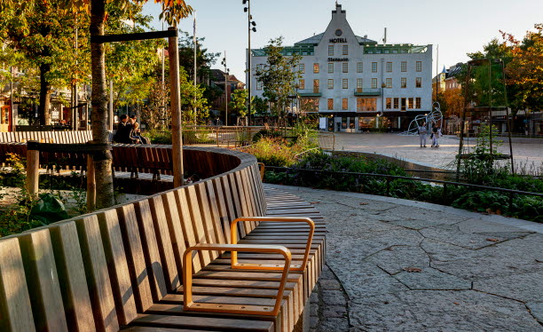 En lång rundad bänk med två handtag i en park. Foto: Werner Nystrand