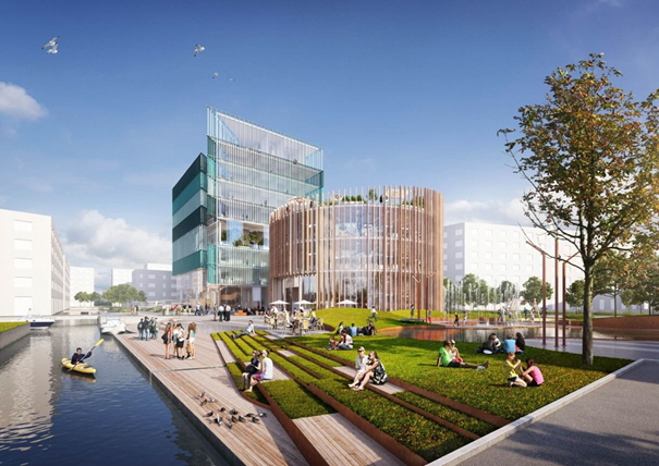 Illustration på park och kanal