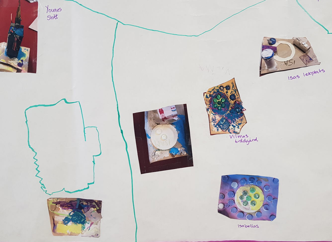 Bilden visar en plansch där förskolebarn i Malmö har skapat en kartbild över det de önskar i sin närmiljö.