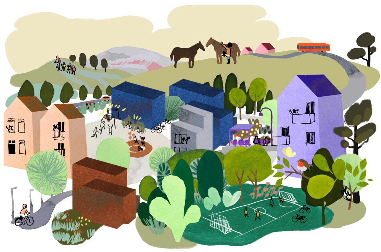 Illustration som visar barn i olika sammanhang i samhället. Allt från fotbollsplan till cykelvägar, bostäder och hästar.
