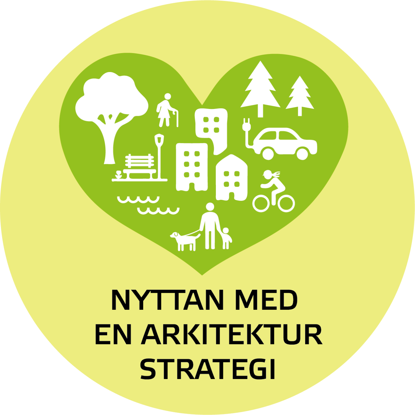 Människor, träd, hus, bil, cykel och miljö, illustration.