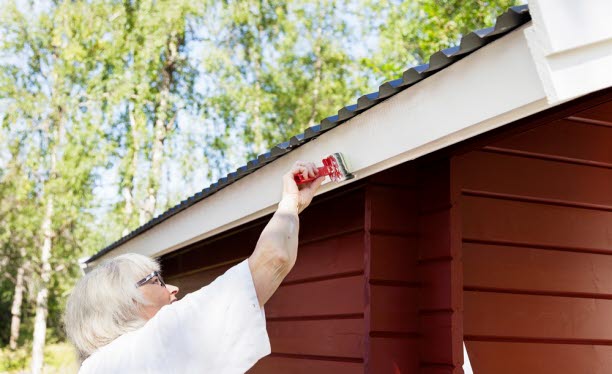 En kvinna som målar taklisten på en friggebod. Foto: Scandinav