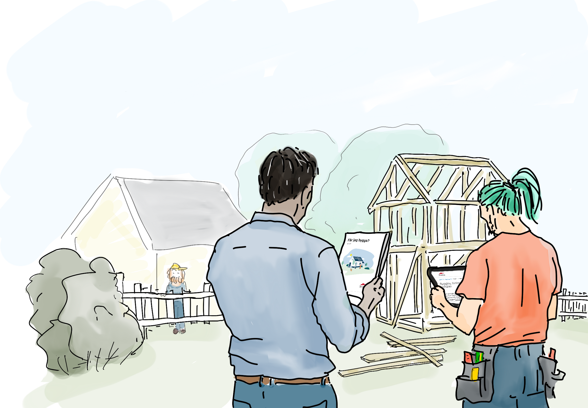 Illustration som visar en man och en kvinna framför ett hus.