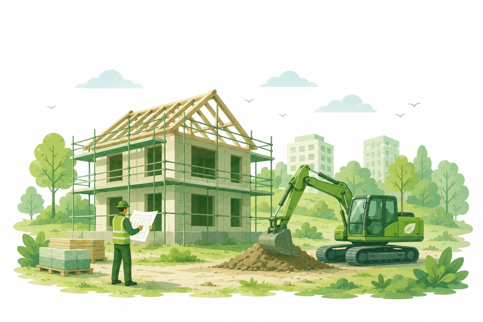 Illustration av ett husbygge med grävmaskin och byggare.