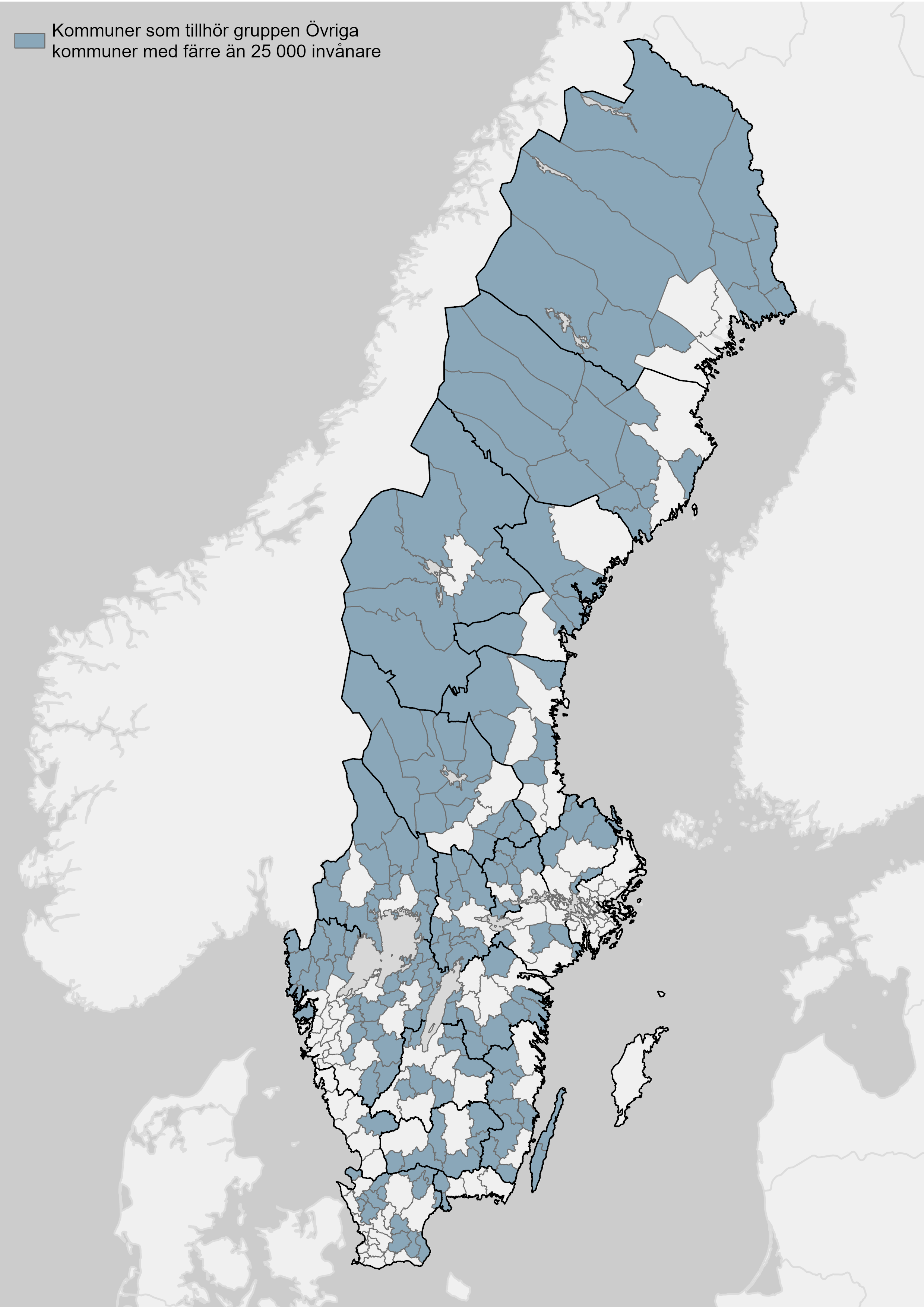 Sverigekarta som visar vilka som tillhör gruppen övriga kommuner med färre än 25 000 invånare. 