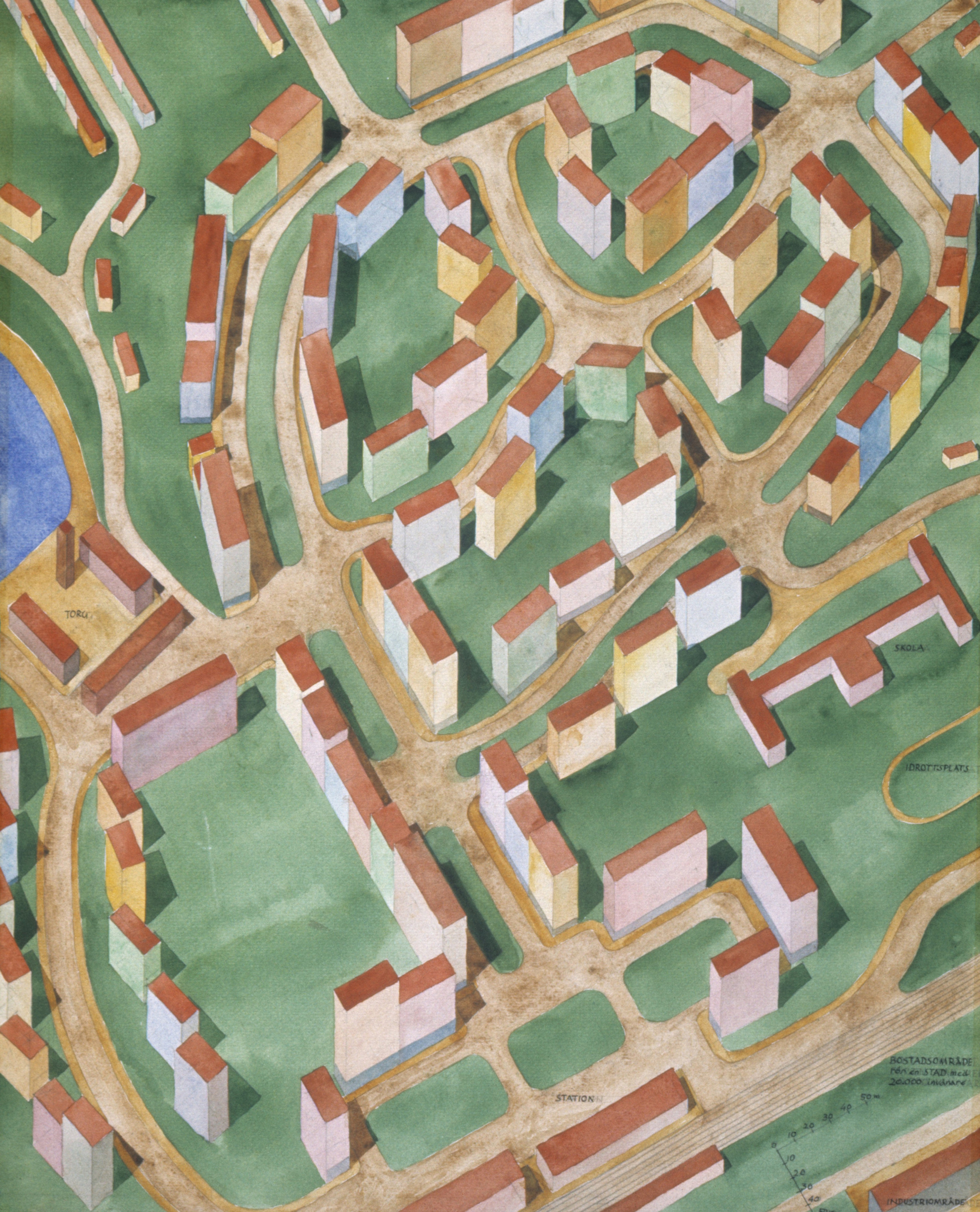 Illustration av bostadsområde med grön omgivning och sterila huskropper.