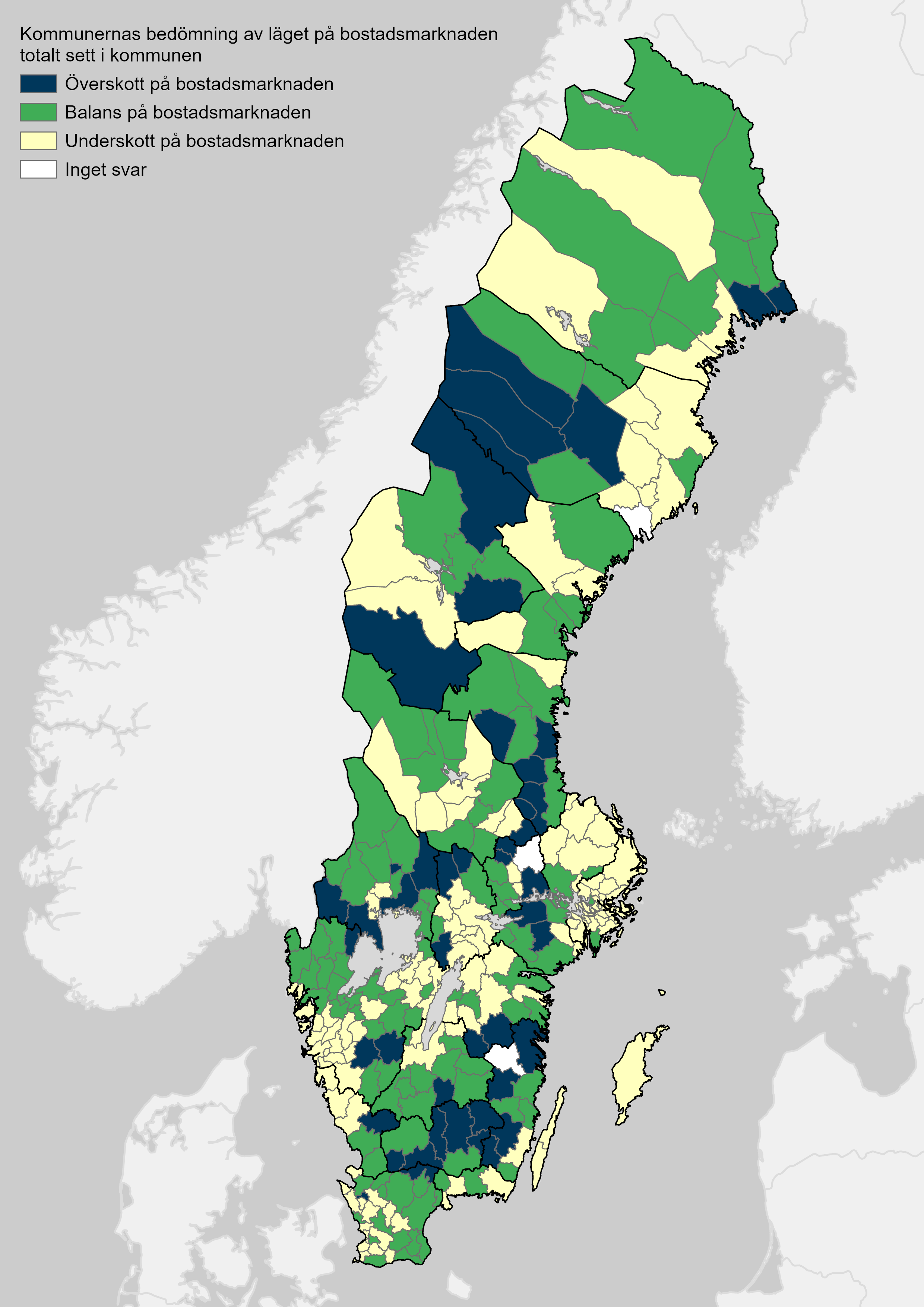 Sverigekarta som visar samtliga kommuners bedömning av bostadsmarknadsläget.