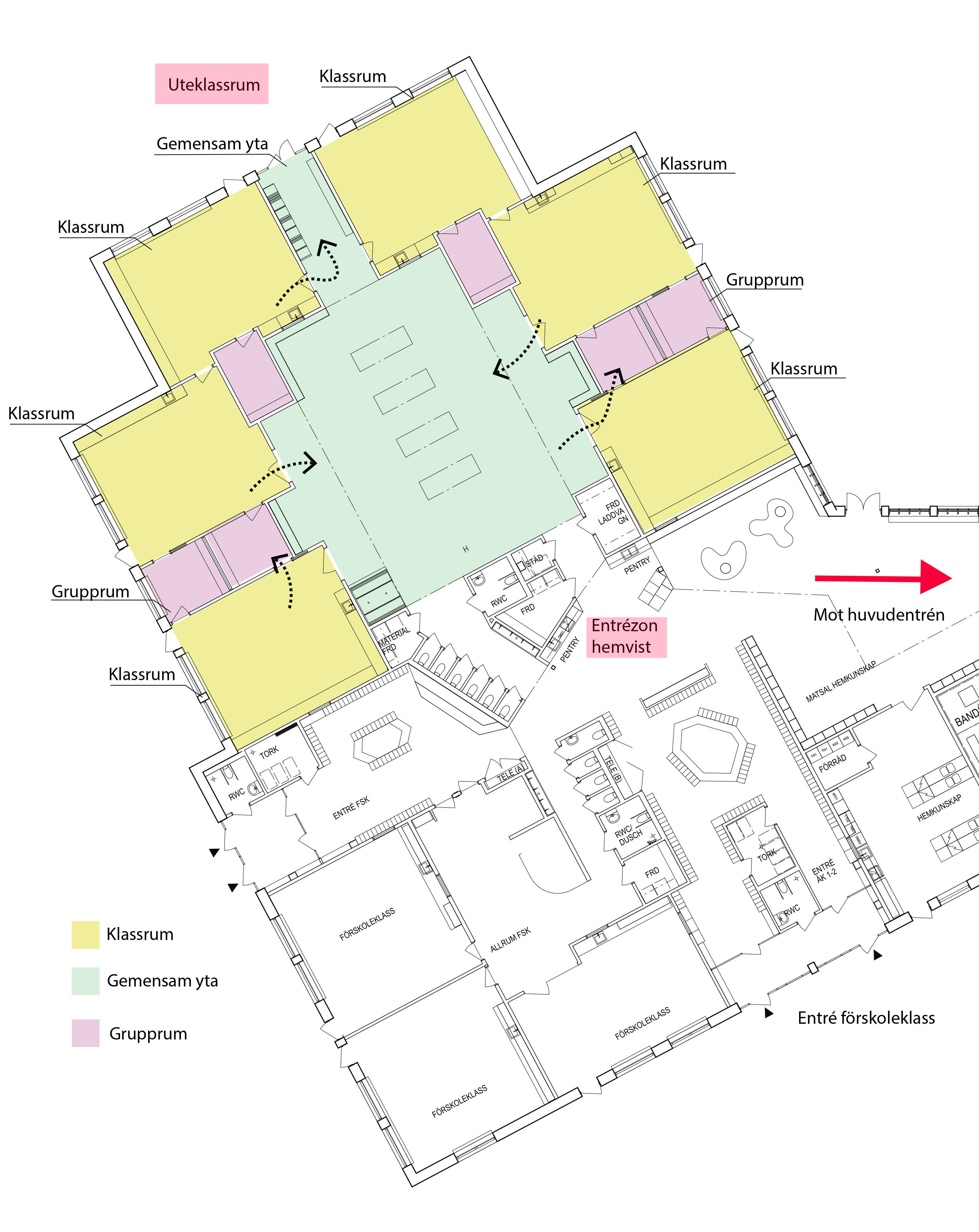 Planritning som visar var klassrum, grupprum och gemensam yta finns placerat.