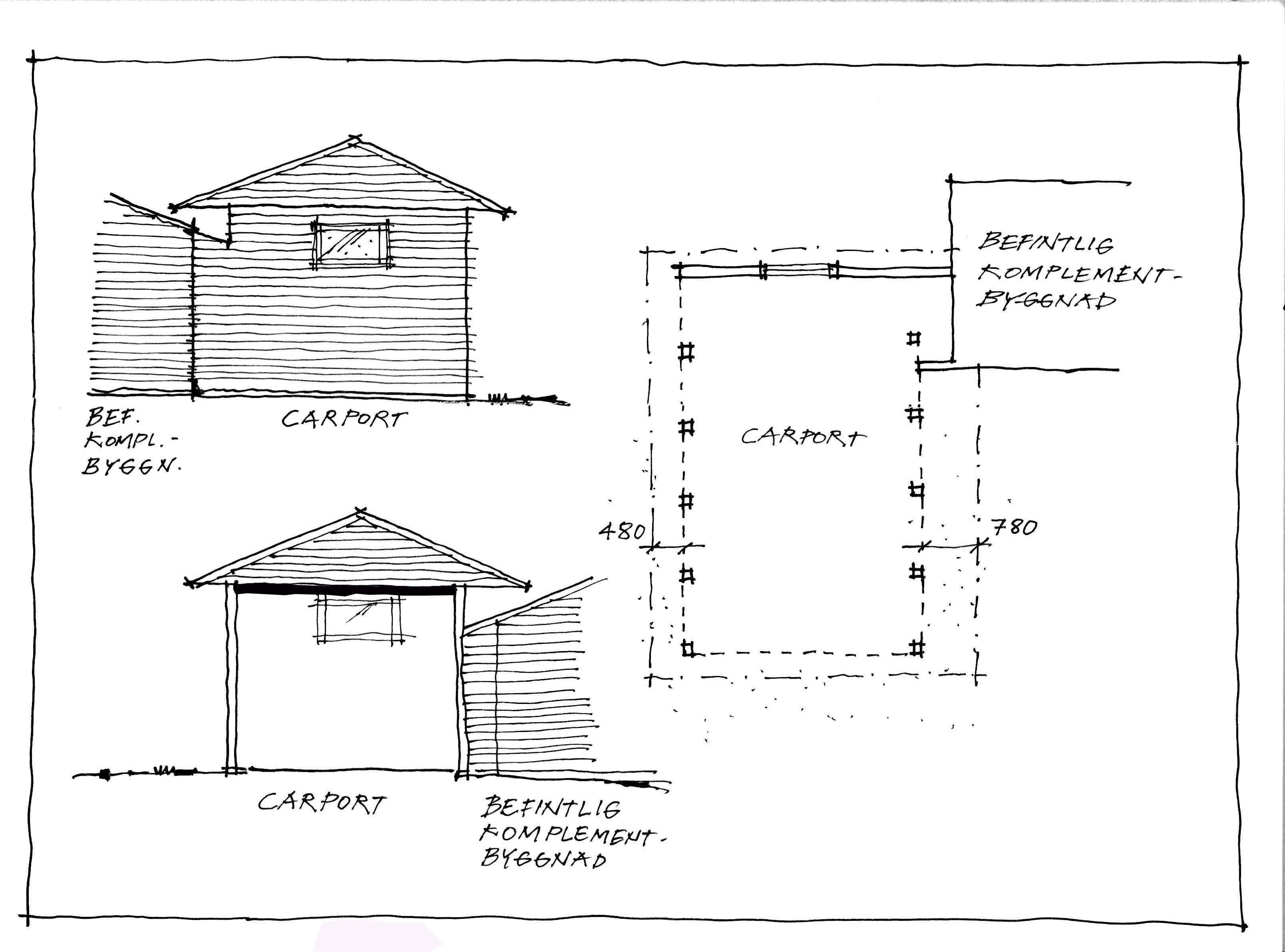 Illustration av en carport sammanbyggd med en annan byggnad