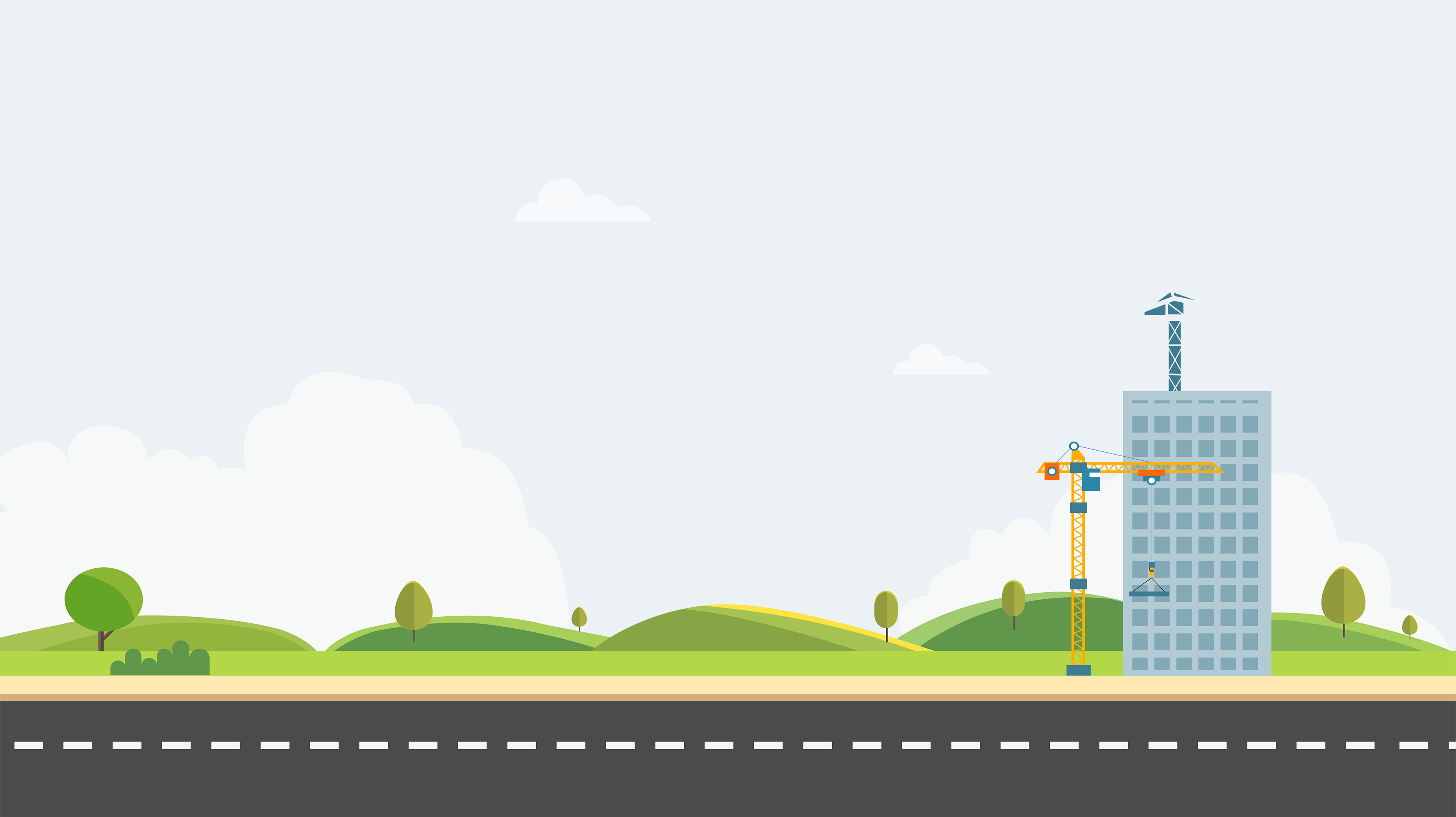 En illustration med ett höghus och två byggkranar