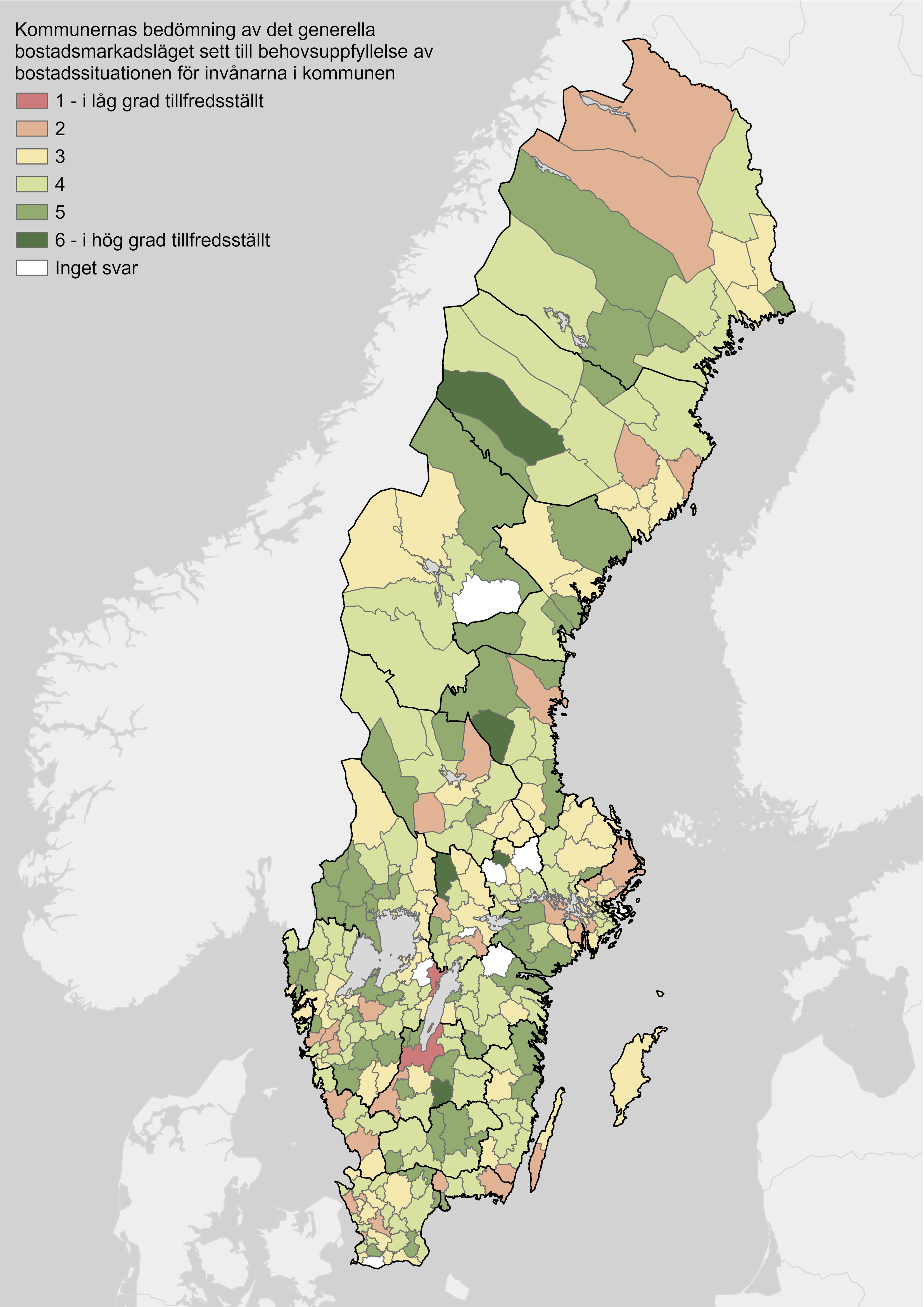 Sverigekarta som visar kommuner som har antagit riktlinjer för bostadsförsörjning under nuvarande eller föregående mandatperiod.