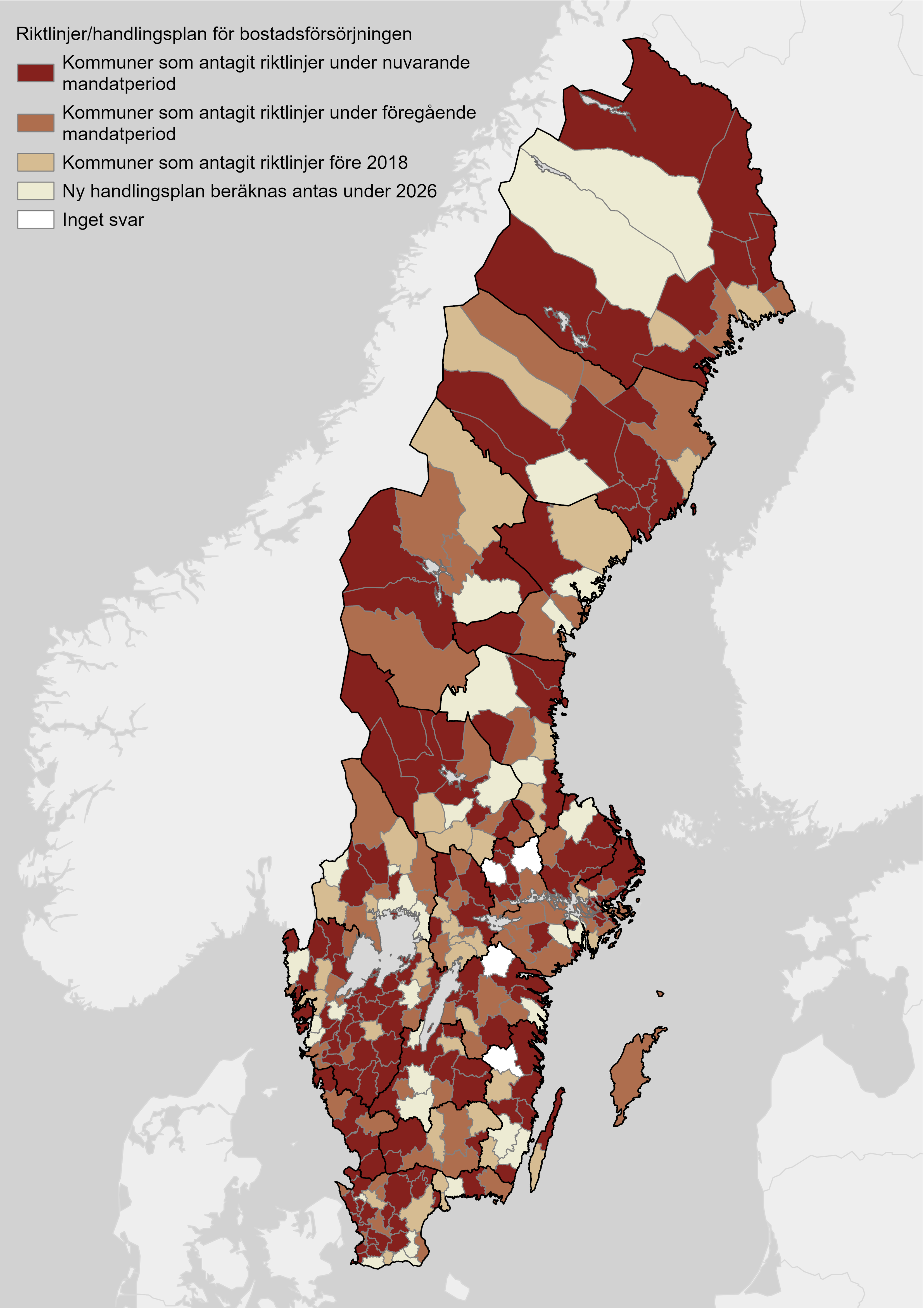 Sverigekarta som visar kommuner som har antagit riktlinjer för bostadsförsörjning under nuvarande eller föregående mandatperiod.