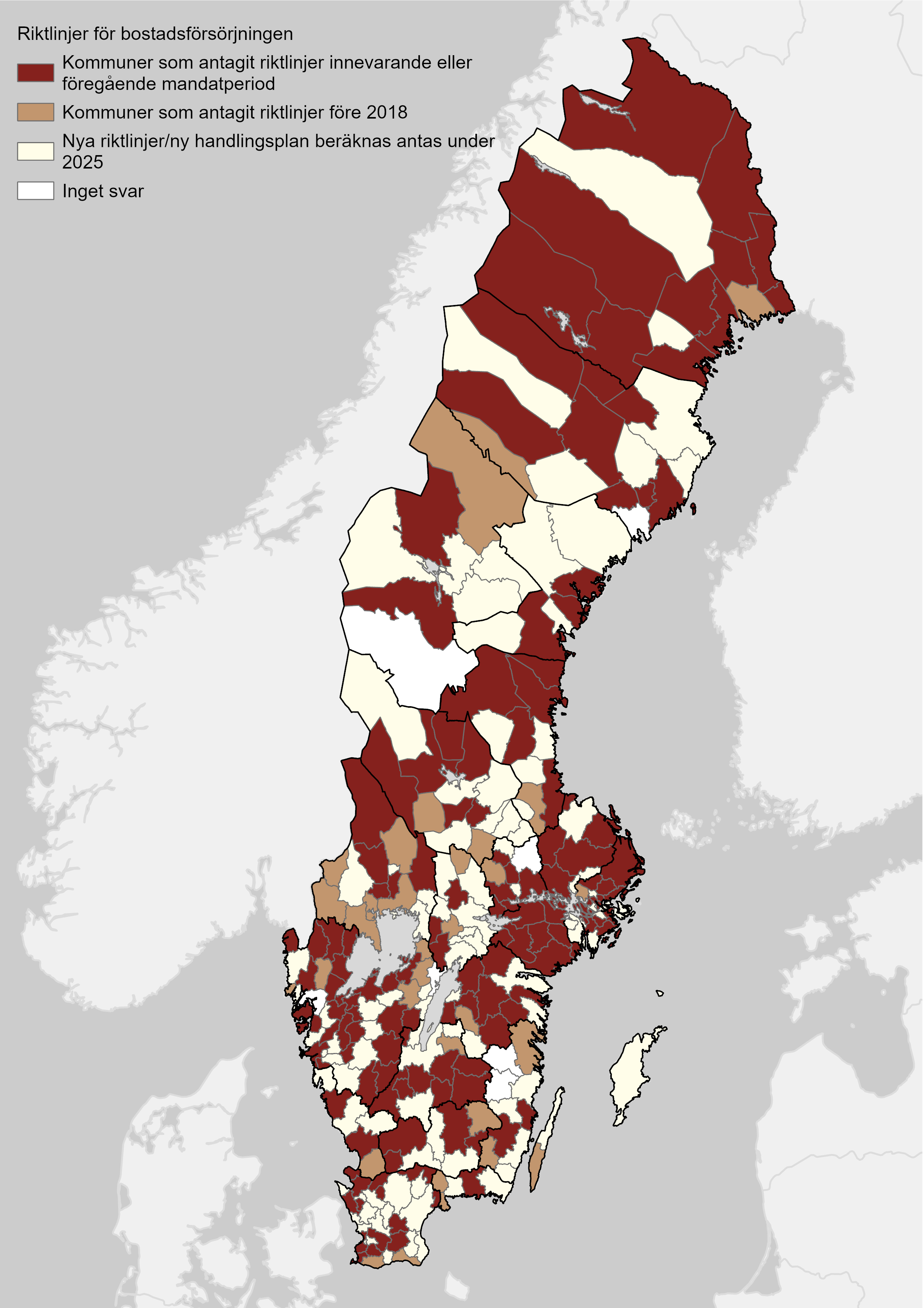 Karta över Sveriges kommuner som antagit riktlinjer för bostadsförsörjning.