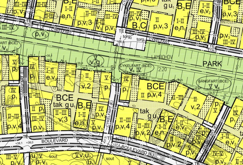 Detaljplanekarta med bestämmelser, illustrerade med färger, bokstäver och siffror.