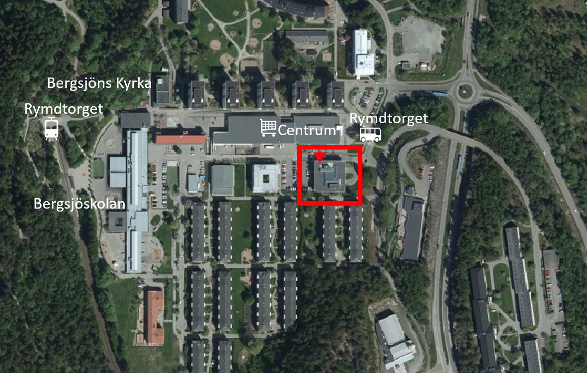 Flygbild över Bergsjön med vårdcentralen markerad.