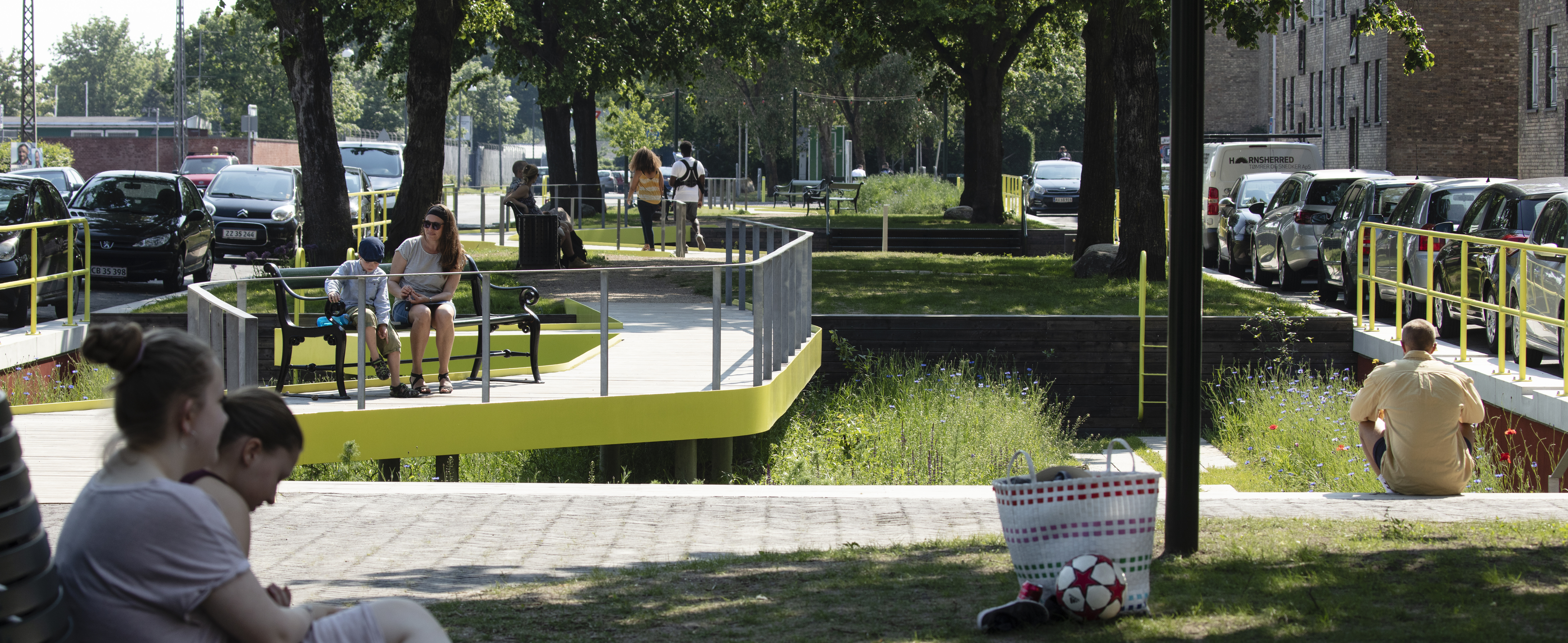 Flera personer sitter på olika platser i en stadspark. 