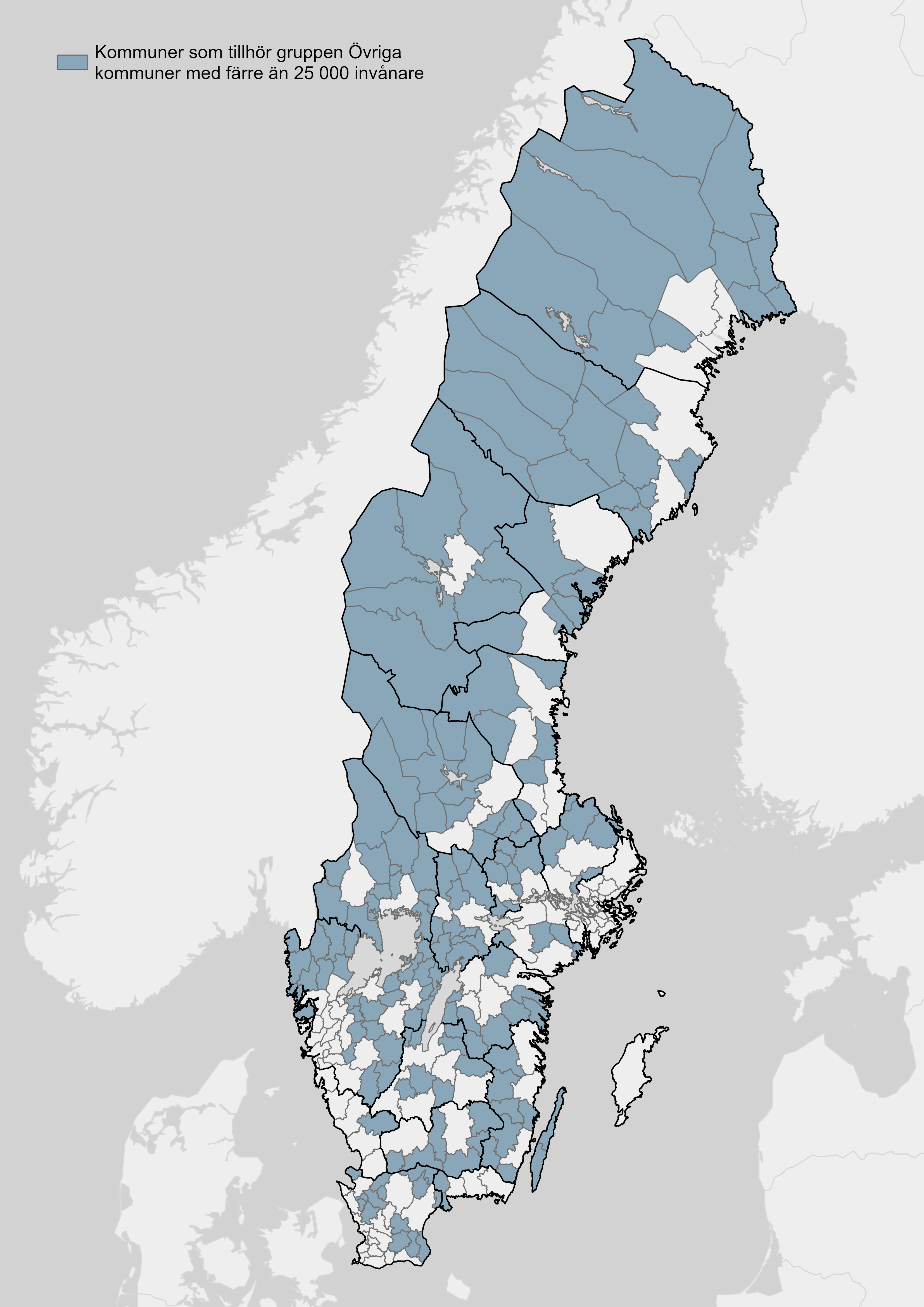 Sverigekarta med kommuner som tillhör gruppen övriga kommuner med färre än 25 000 invånare.
