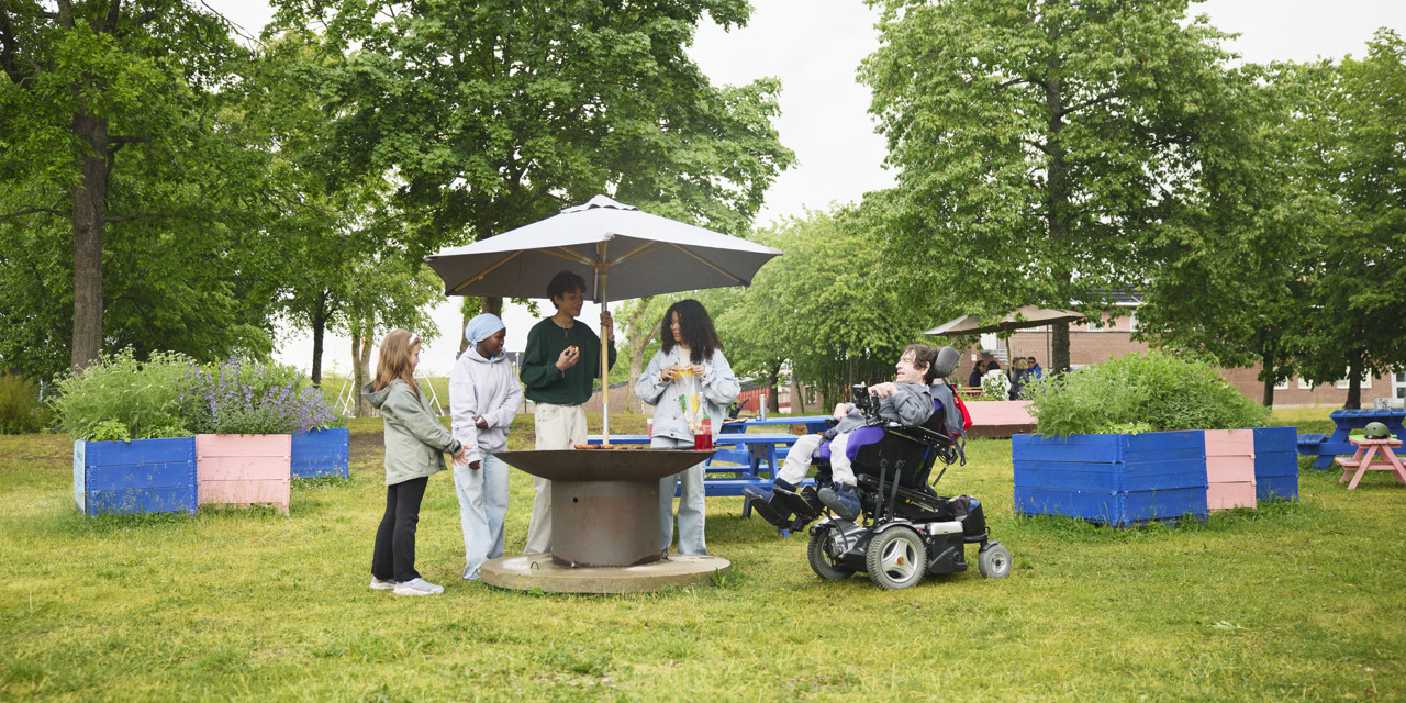 Foto på ungdomar som grillar på en grönskande innergård. Foto: Johnér produktion