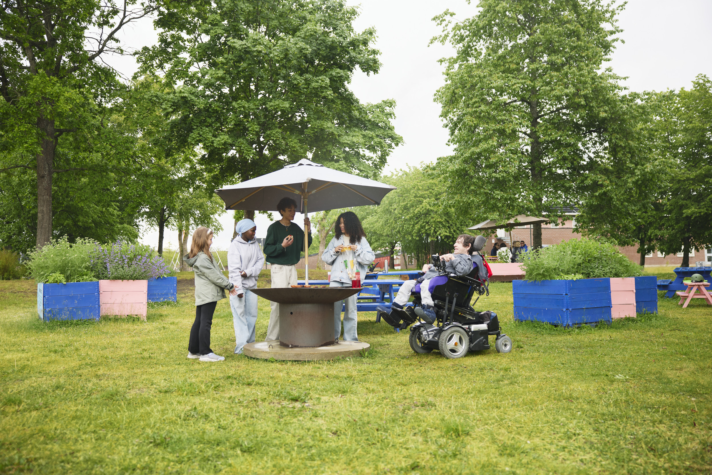 Bild med ungdomar som grillar på en grön innergård. 