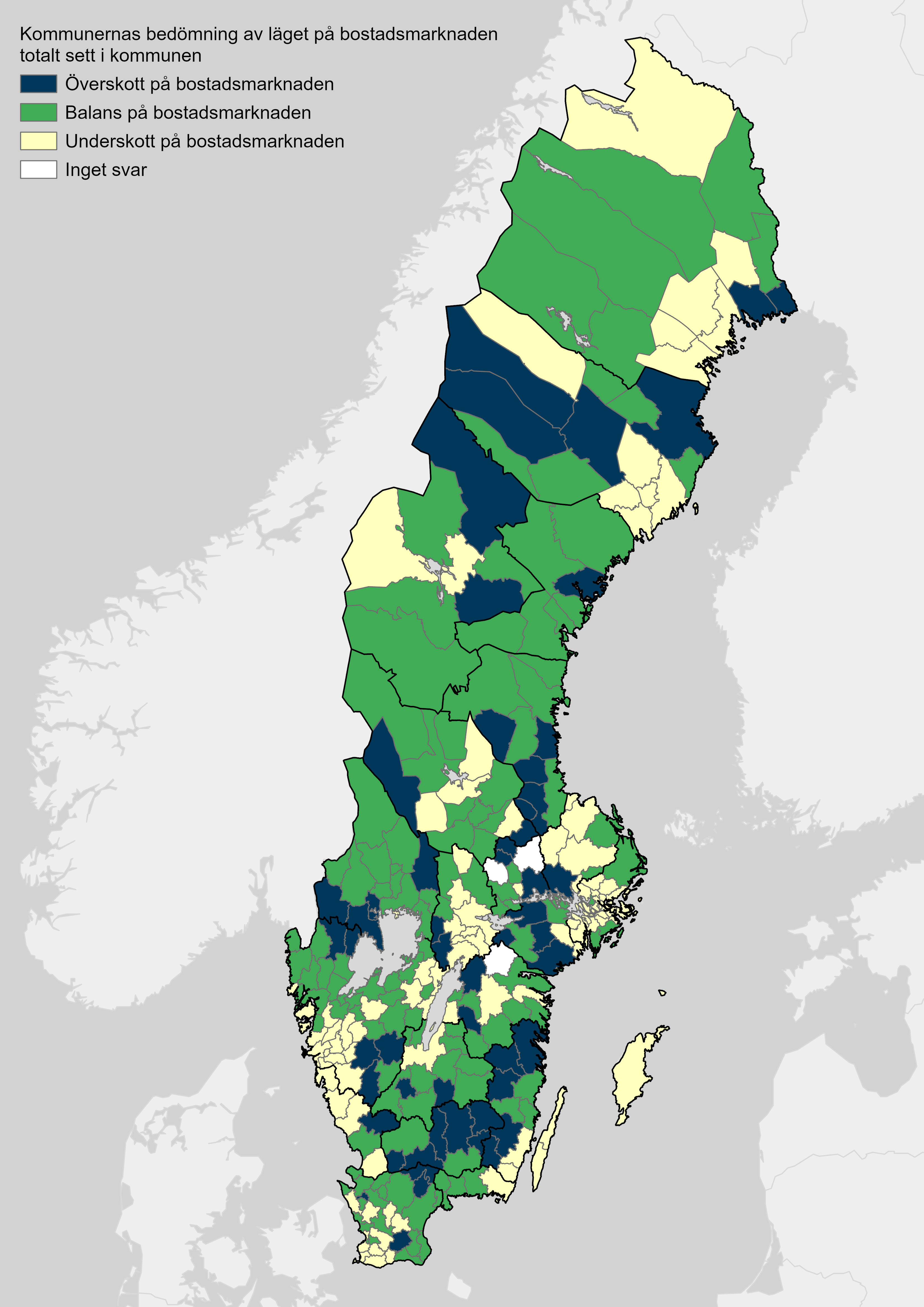 Karta över Sverige som visar kommuners bedömning av bostadsmarknadsläget som helhet. 