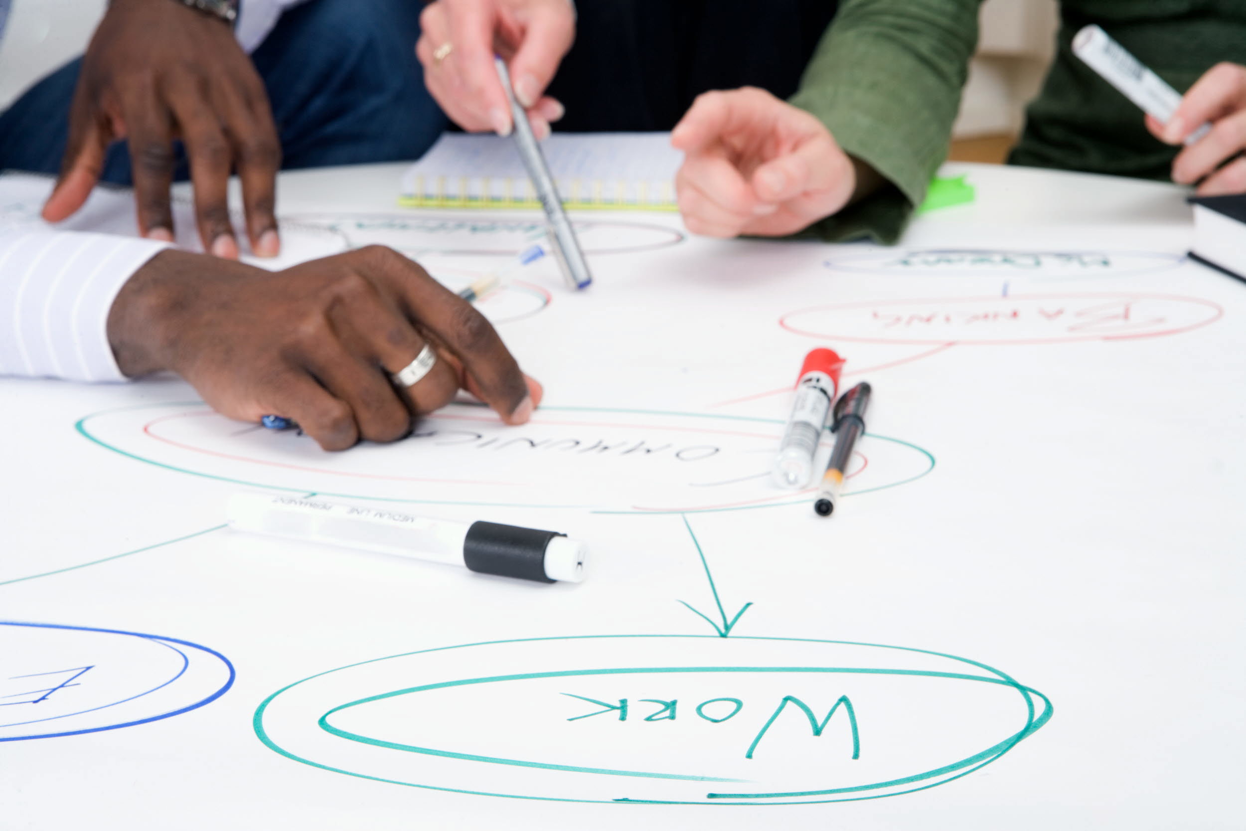 Häner som ritar och pekar på ett papper på bordet. 