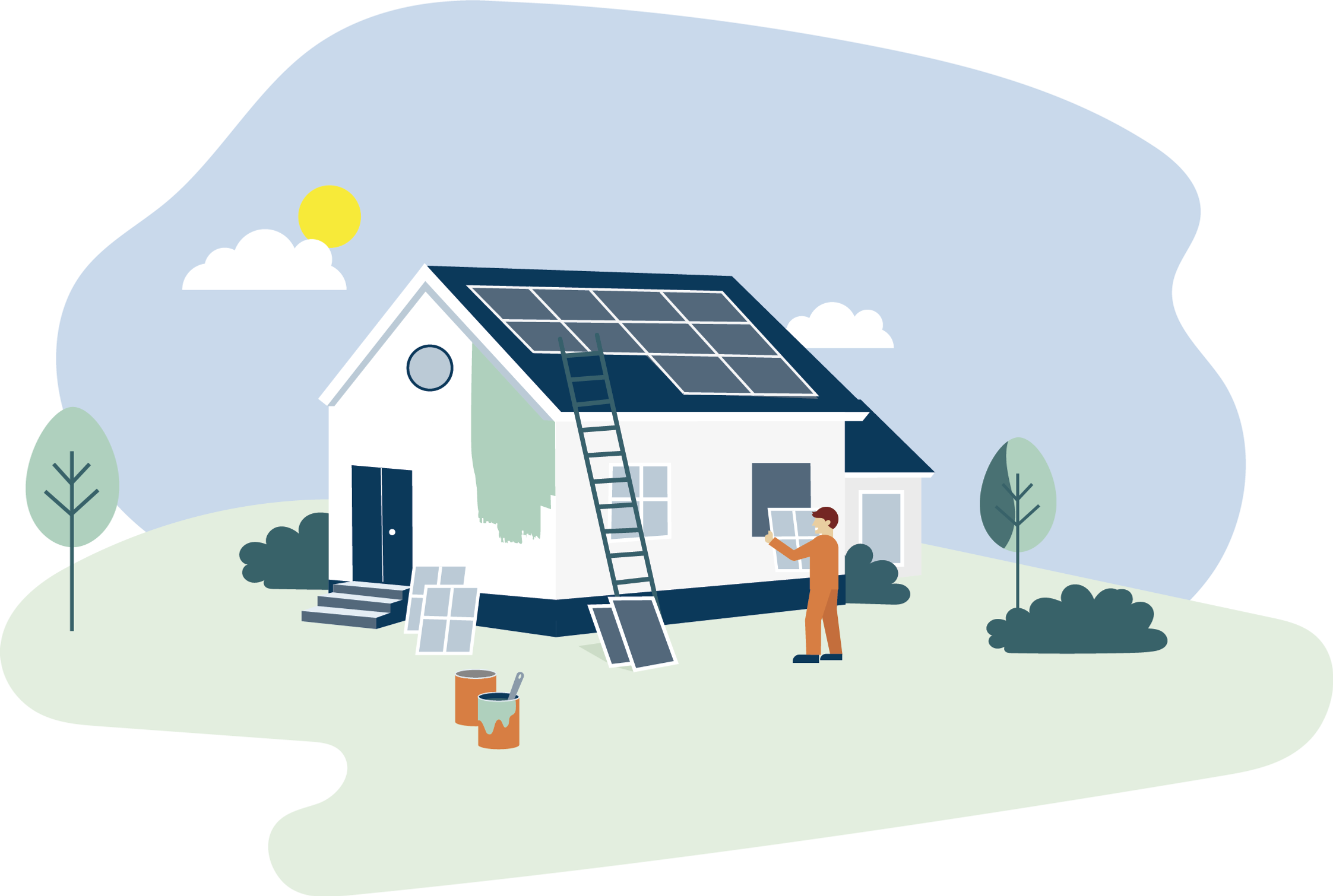 Småhus med solceller på taket där fönster byts och fasaden får ny färg.