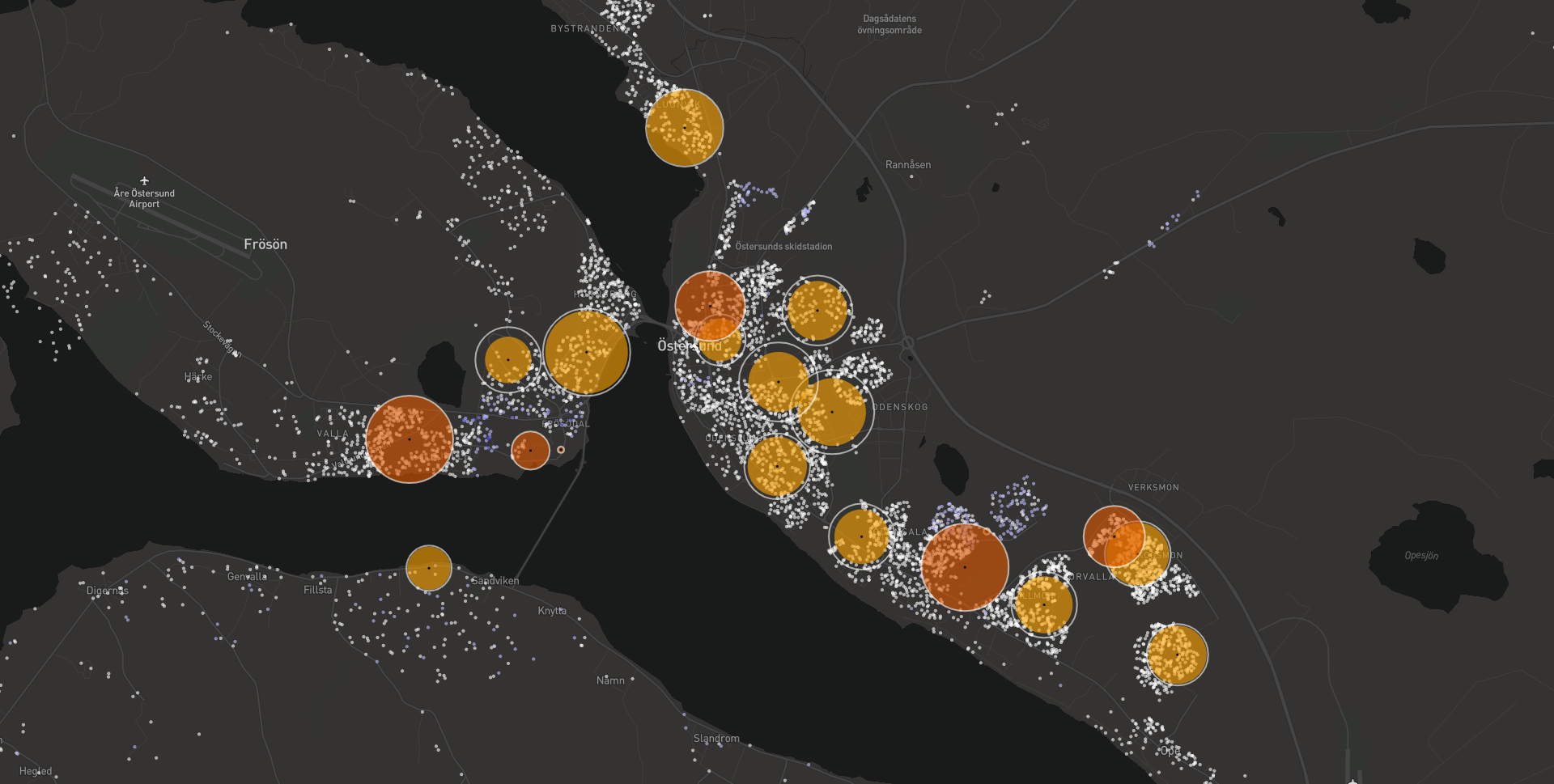 Kartbild med grundskolorna utplacerade.