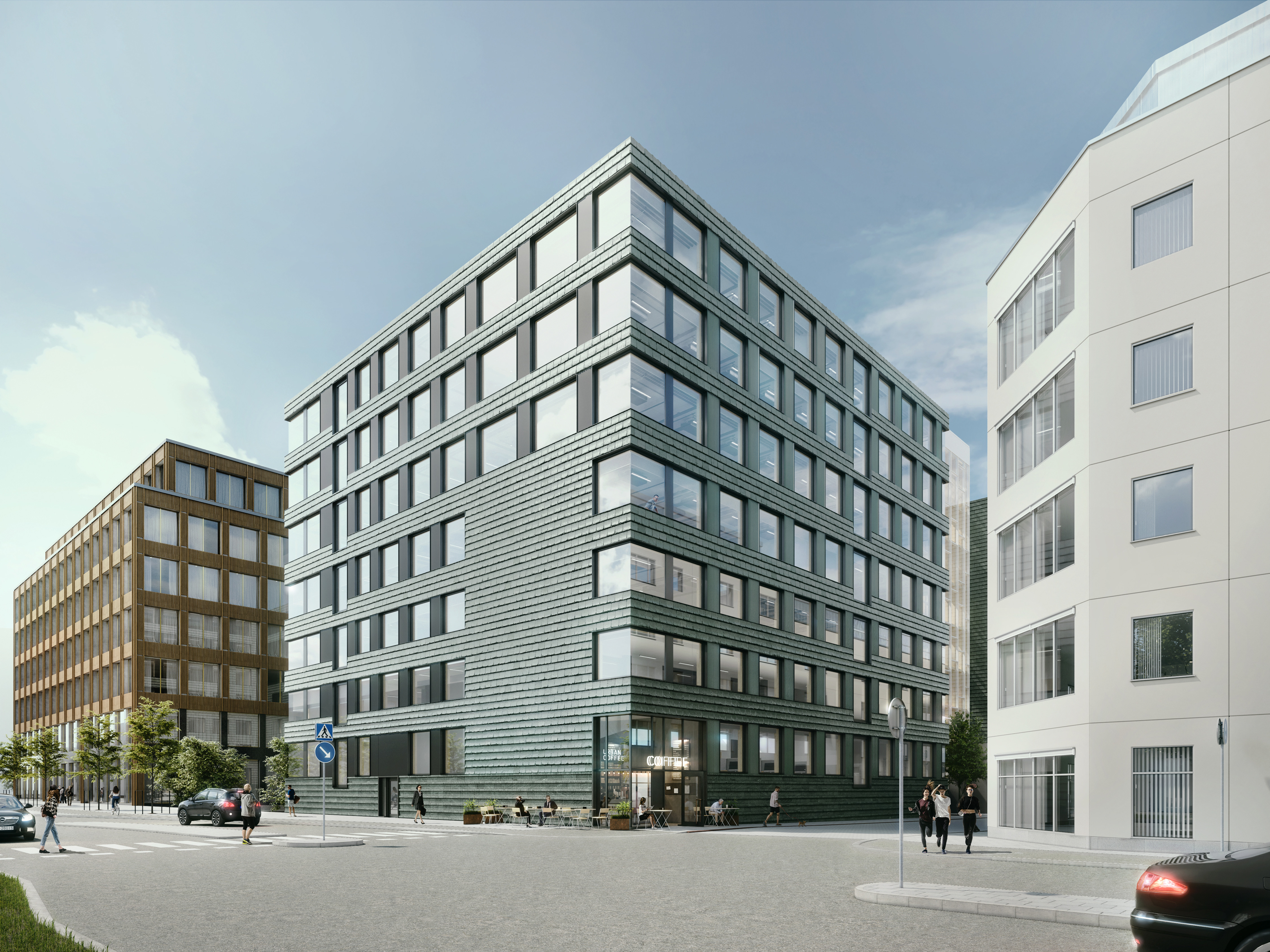 Illustration över en modern kontorsbyggnad med grön skifferfasad i sju våningar. 