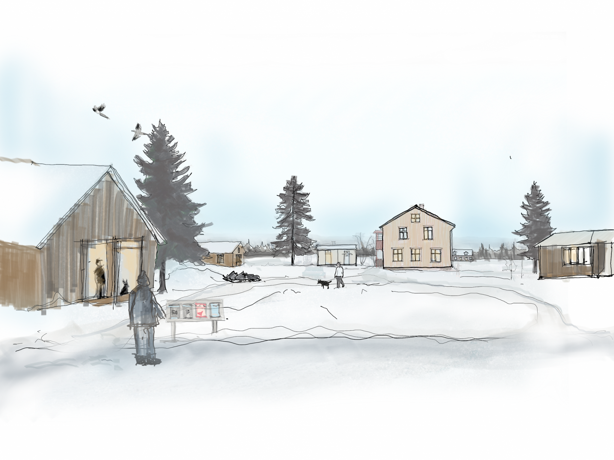 Illustration av en by med personer och hus