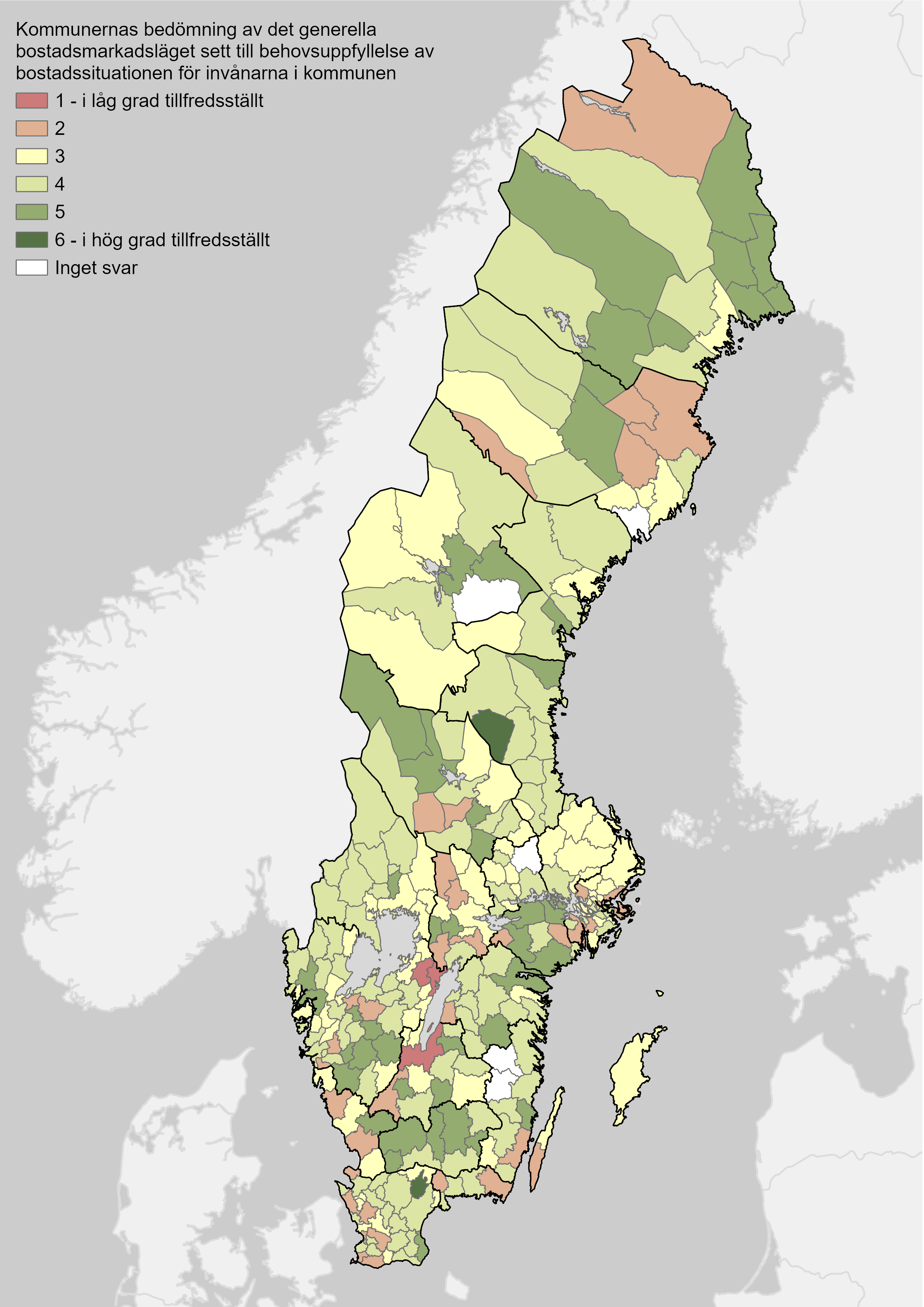 Sverigekarta som visar kommunernas bedömning av tillfredsställelsen av behov på kommunens bostadsmarknad.
