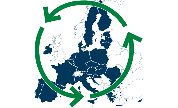 Illustration europakarta med en grön cirkel med pilar runtom.