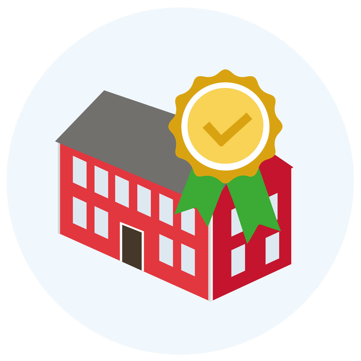 Illustration av ett rött hus med en guldplakett med avbockning på taket. Illustration: Infab/Tictac/Boverket