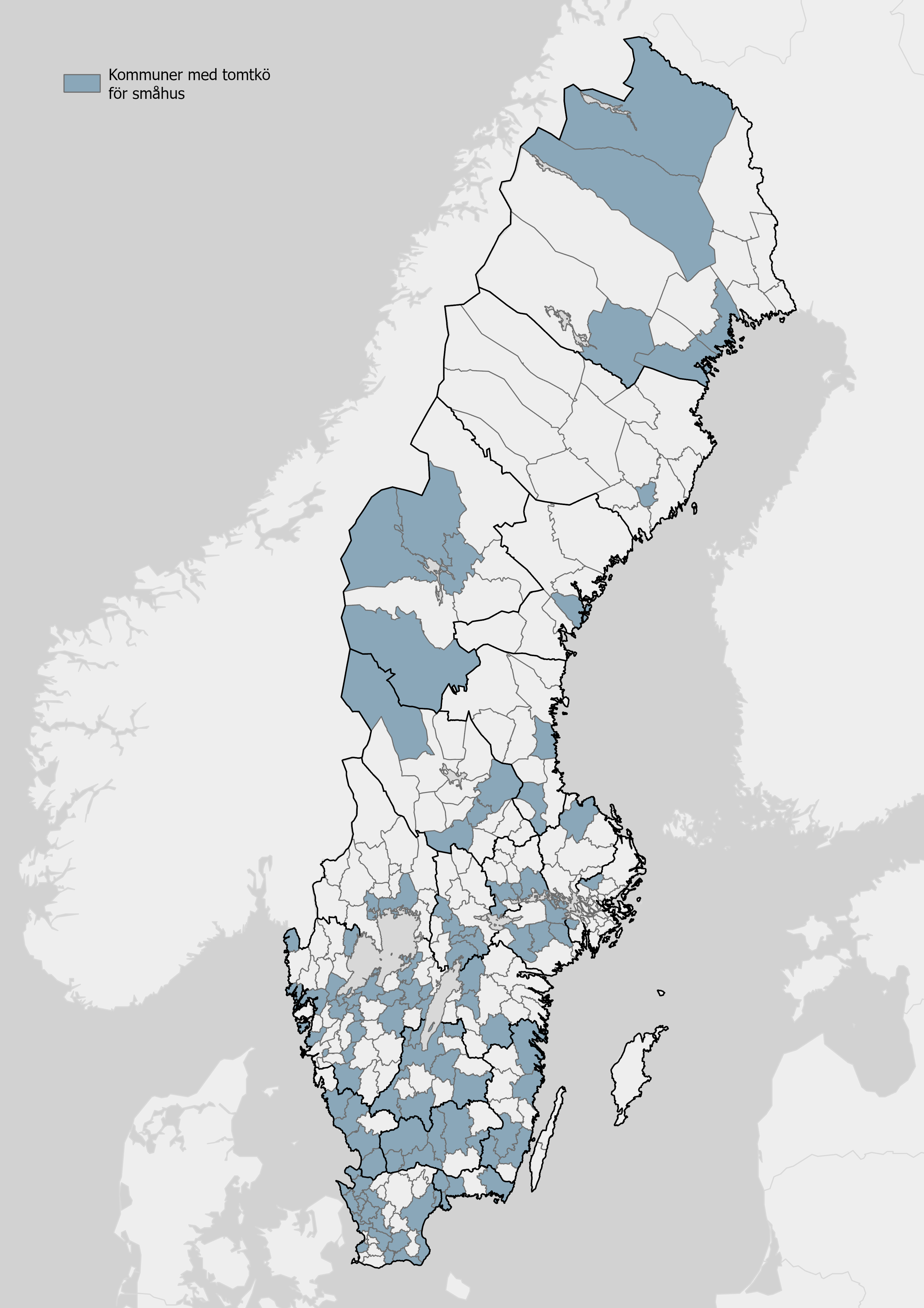Sverigekarta över vilka kommuner som har tomträtt. 
