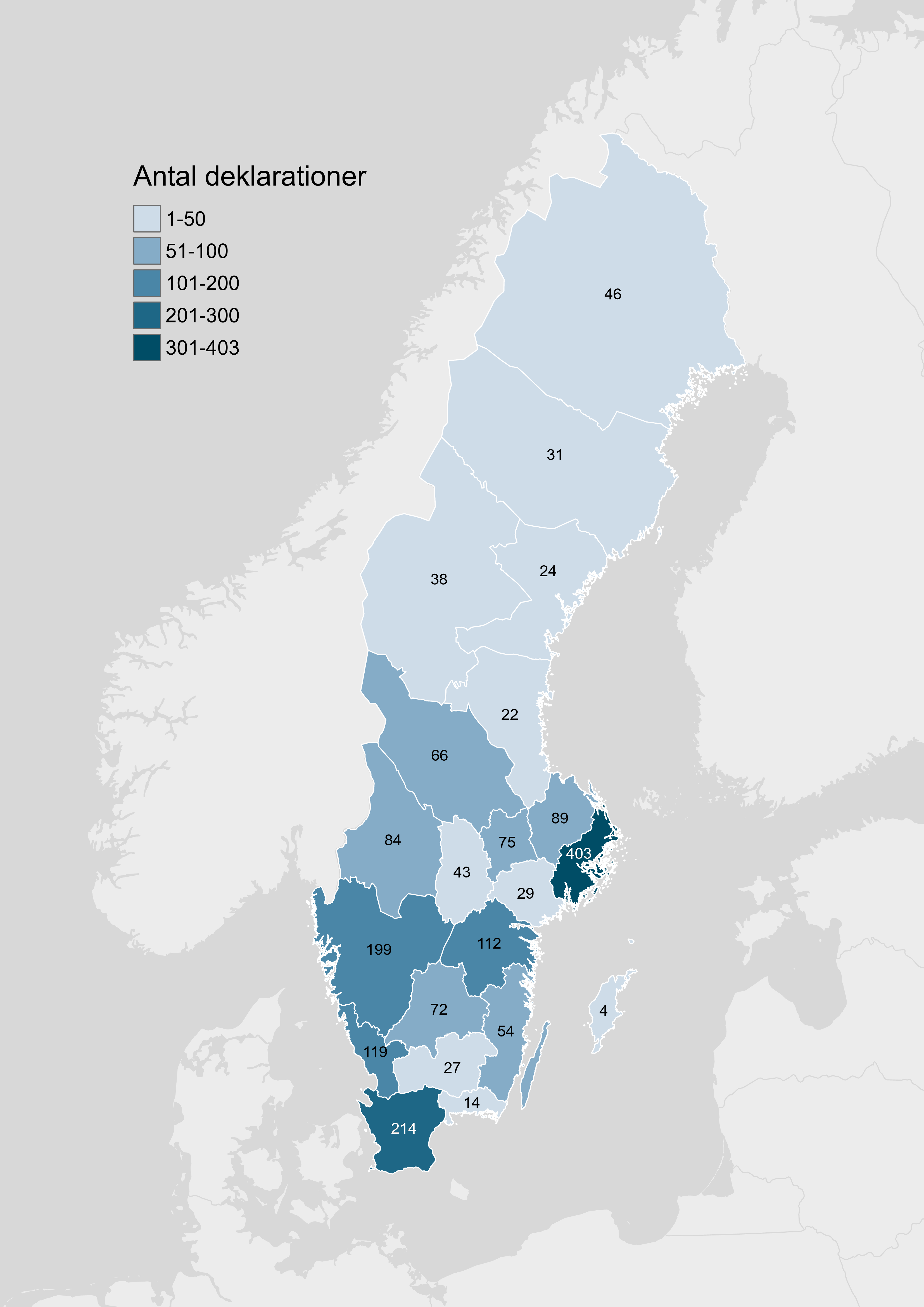 Karta med antal deklarationer angivet som färger. Antal deklarationer redovisas i faktaruta.