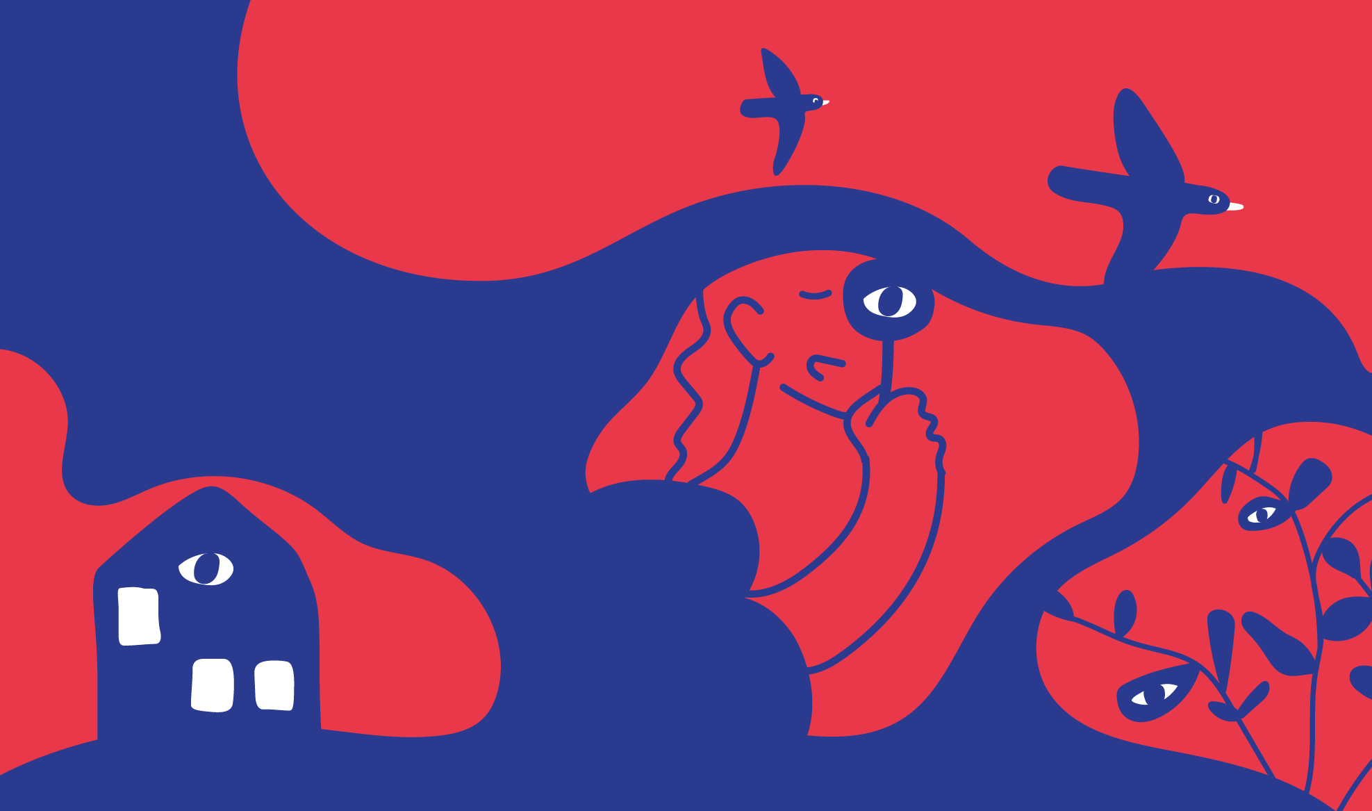 Illustration i blå och röd med hus, fåglar och växter.