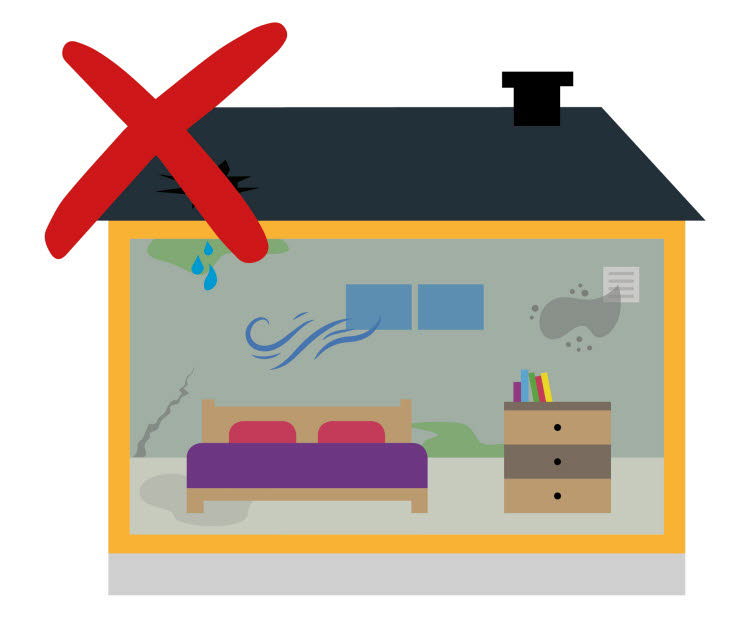 Illustration över ett hus som man ser in i, bilden illustrerar hur fukt, vatten, partiklar och kyla tränger in 