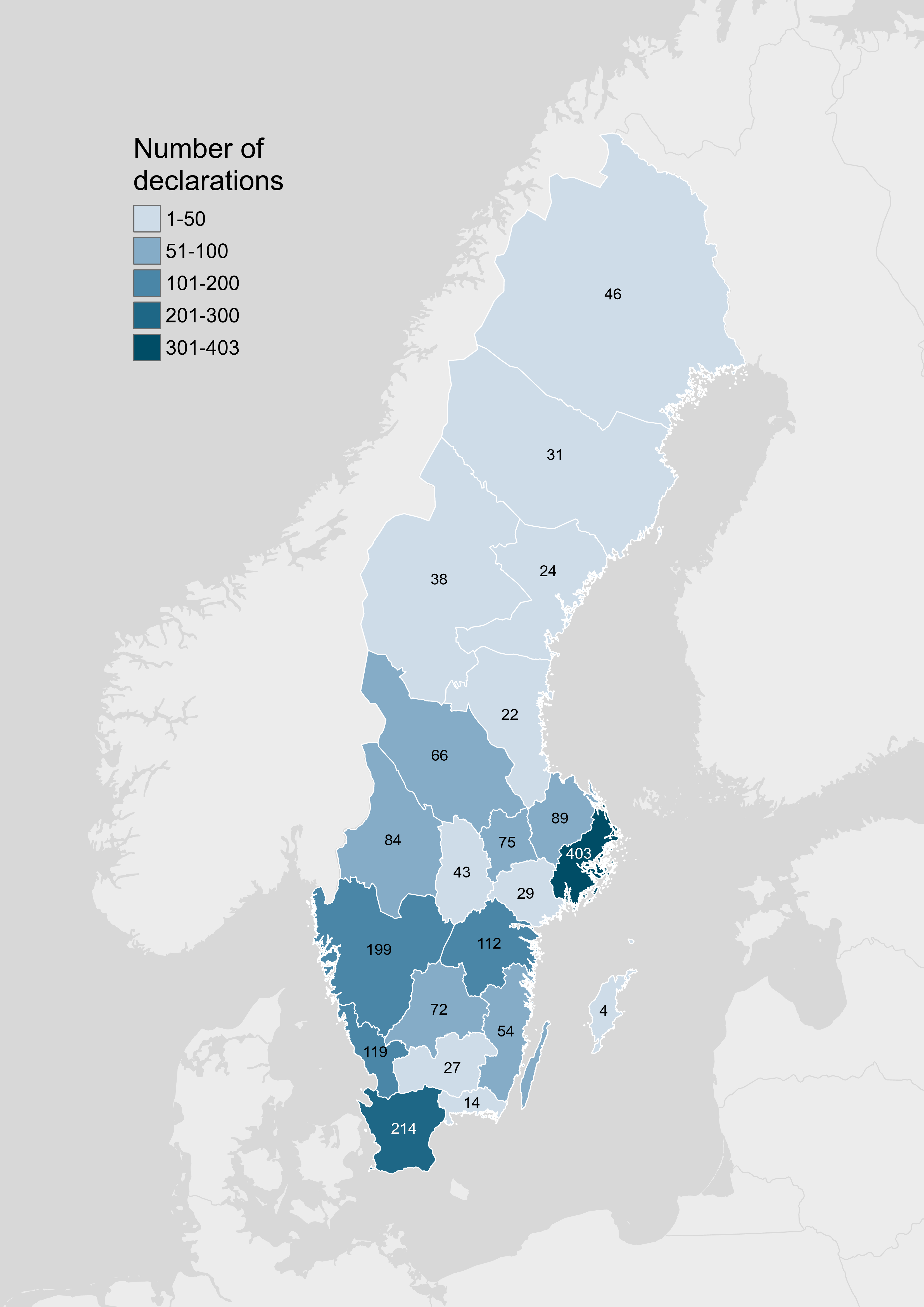Map of Sweden with colors. The numbers presents in the faktaruta below.